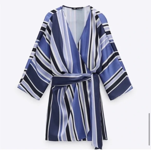 Zara Blue & White Striped Satin Wrap Skort Romper Small NWT - Picture 2 of 16